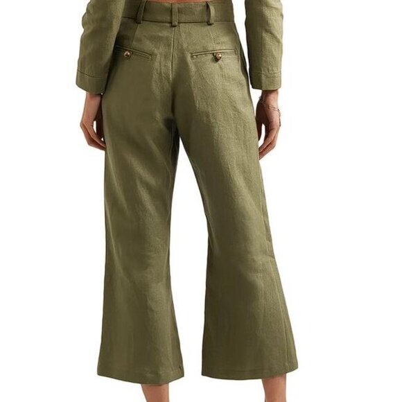 LISA MARIE FERNANDEZ Women's Cropped Belted Linen Wide-Leg Pant Size 0 In Olive - Picture 2 of 9